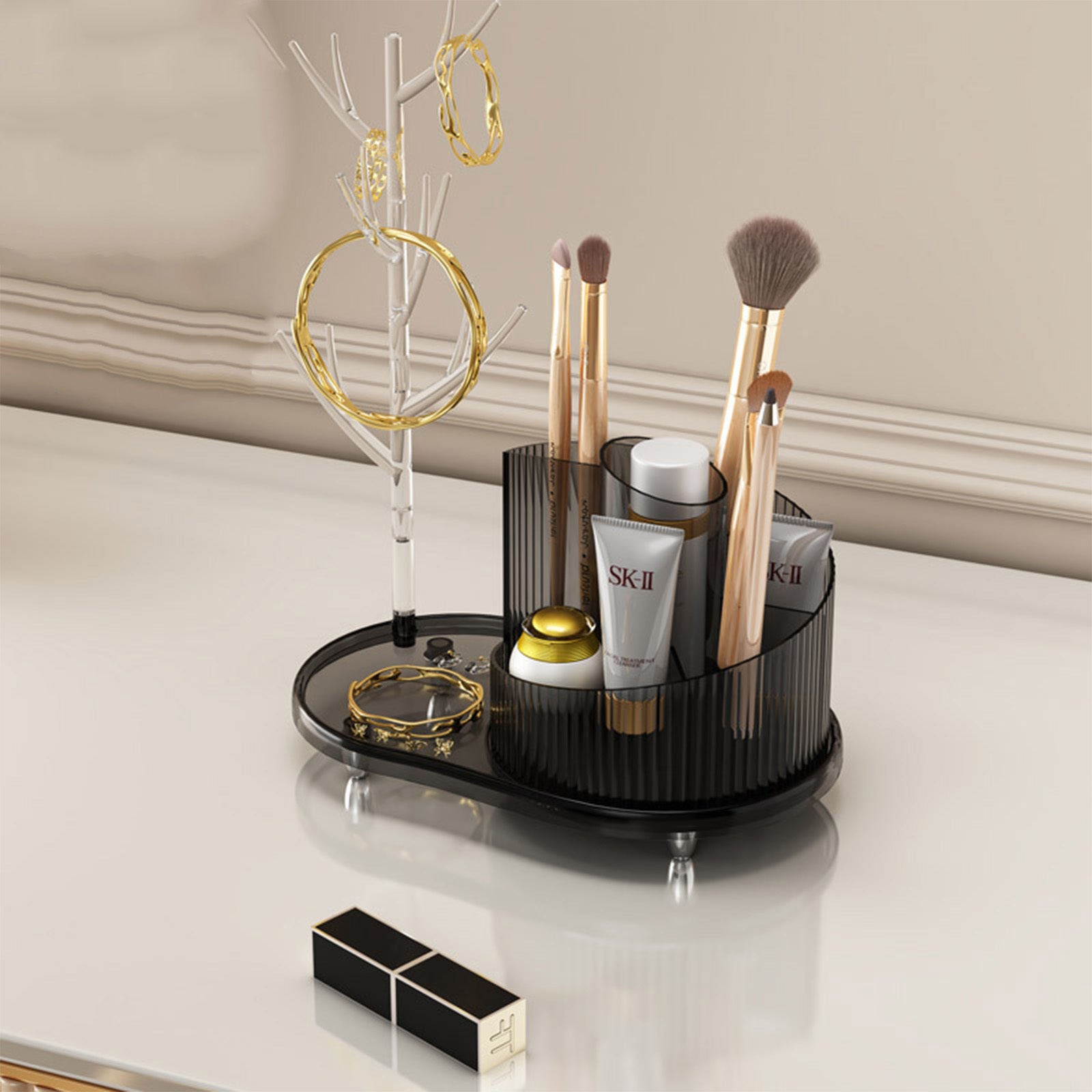 Rotating Makeup Organizer With Jewelry Storage Large Capacity Cosmetic Display Case Holds 20 Brushes, 10 Lipsticks, 8 Skincare Products 360 Spinning Vanity Organizer For Countertop & Bathroom
